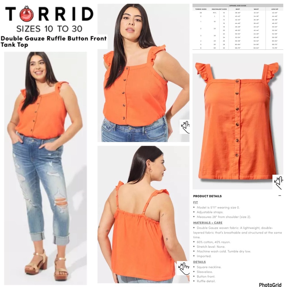 Torrid 4 plus size orange double gauze ruffle button tank NWT